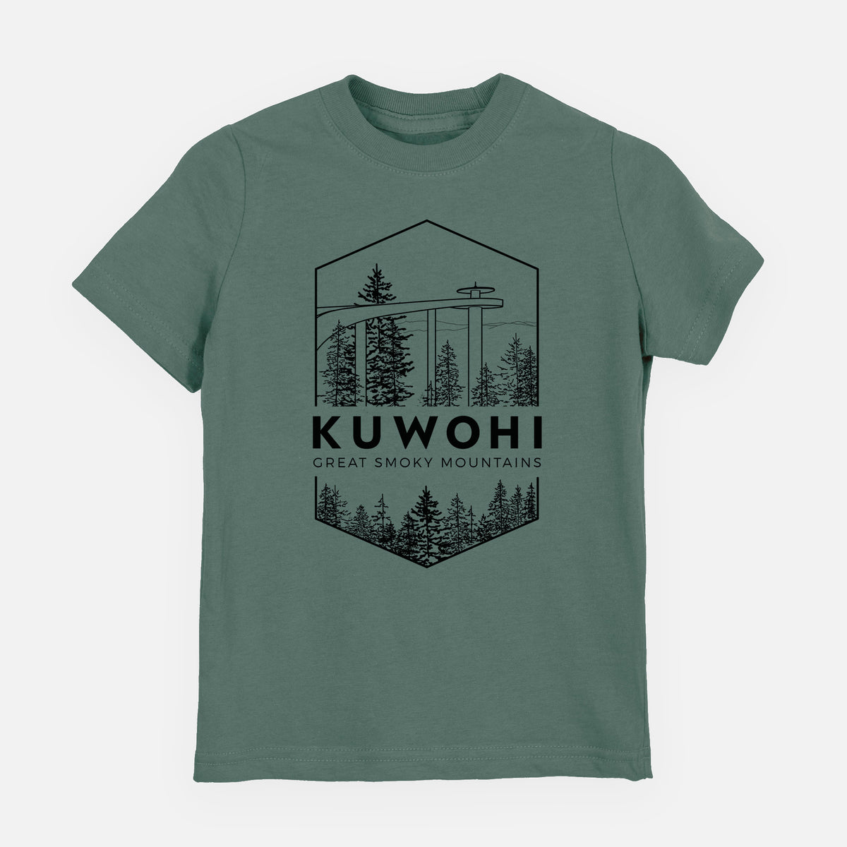Basil green youth t-shirt laid flat, printed with a black line art badge of the Kuwohi observation tower above pine trees, with the words Kuwohi, Great Smoky Mountains.