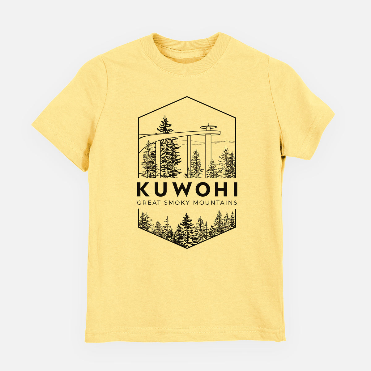 Butter yellow youth t-shirt laid flat, printed with a black line art badge of the Kuwohi observation tower above pine trees, with the words Kuwohi, Great Smoky Mountains.