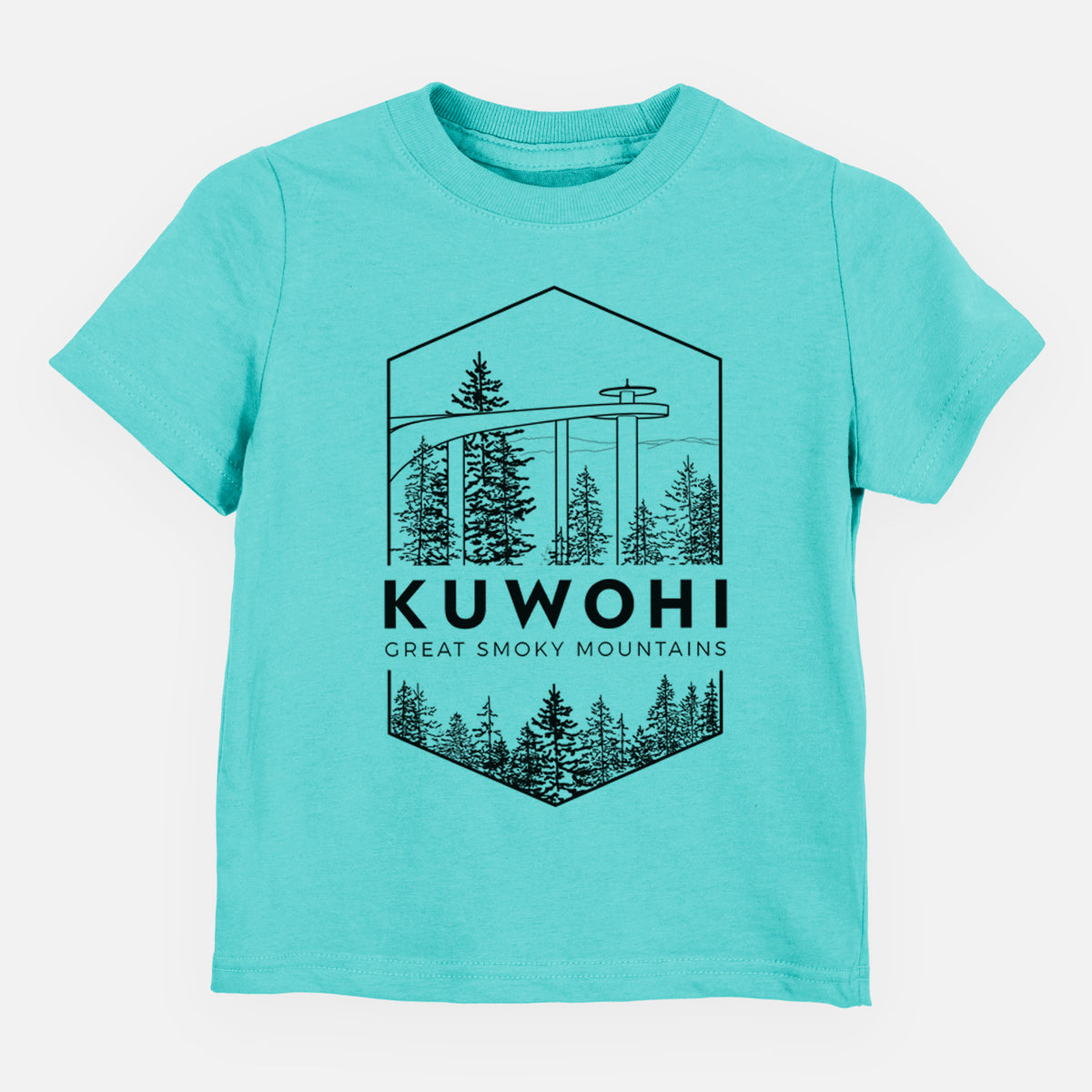 Caribbean blue toddler t-shirt laid flat, printed with a black line art badge of the Kuwohi observation tower above pine trees, with the words Kuwohi, Great Smoky Mountains.