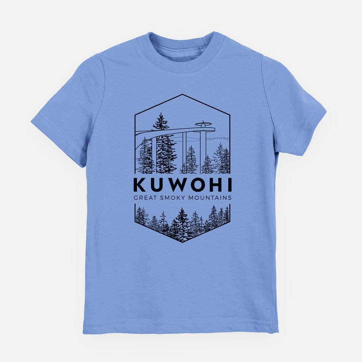 Carolina blue youth t-shirt laid flat, printed with a black line art badge of the Kuwohi observation tower above pine trees, with the words Kuwohi, Great Smoky Mountains.