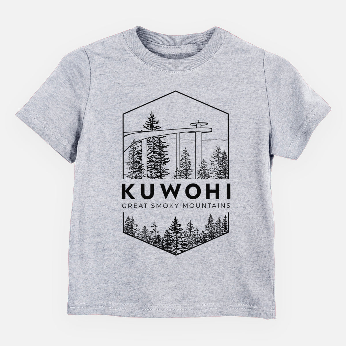 Heather grey toddler t-shirt laid flat, printed with a black line art badge of the Kuwohi observation tower above pine trees, with the words Kuwohi, Great Smoky Mountains.