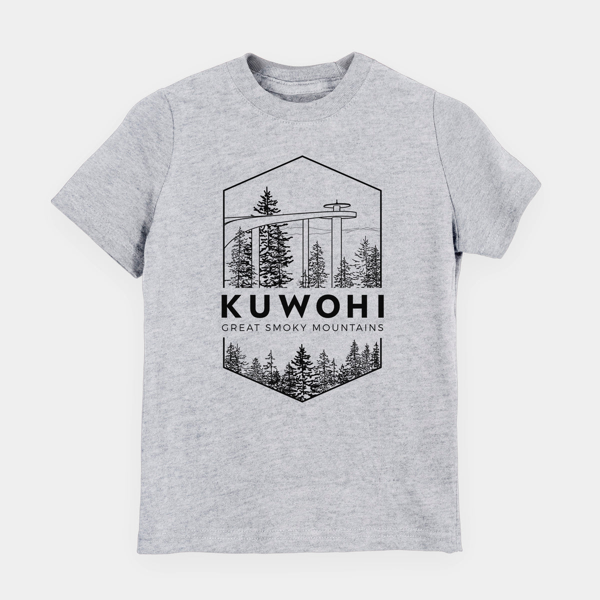 Heather grey youth t-shirt laid flat, printed with a black line art badge of the Kuwohi observation tower above pine trees, with the words Kuwohi, Great Smoky Mountains.