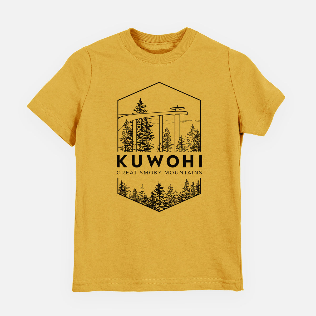 Honeycomb yellow youth t-shirt laid flat, printed with a black line art badge of the Kuwohi observation tower above pine trees, with the words Kuwohi, Great Smoky Mountains.