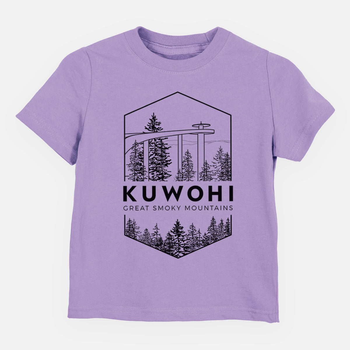 Lavender toddler t-shirt laid flat, printed with a black line art badge of the Kuwohi observation tower above pine trees, with the words Kuwohi, Great Smoky Mountains.