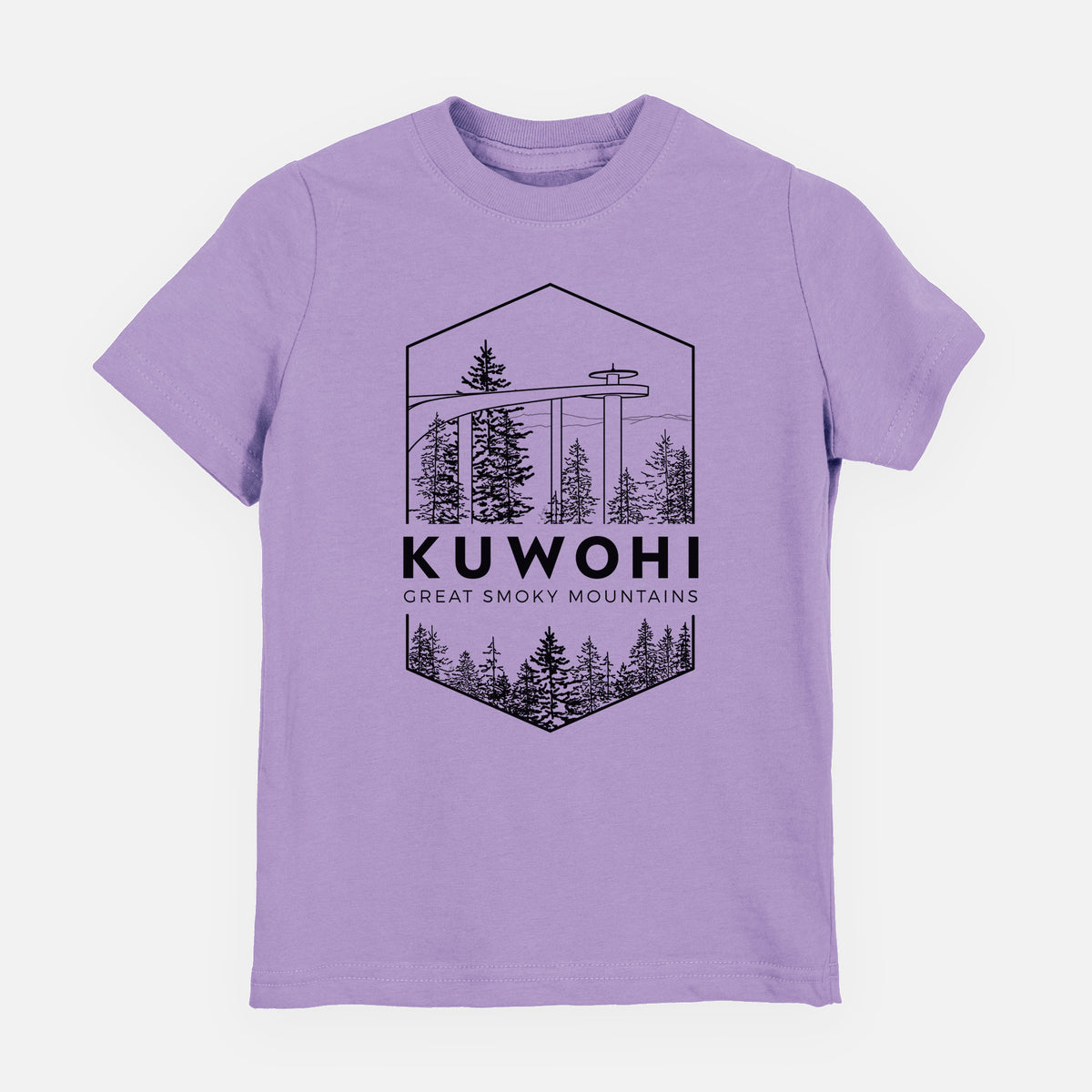 Lavender youth t-shirt laid flat, printed with a black line art badge of the Kuwohi observation tower above pine trees, with the words Kuwohi, Great Smoky Mountains.
