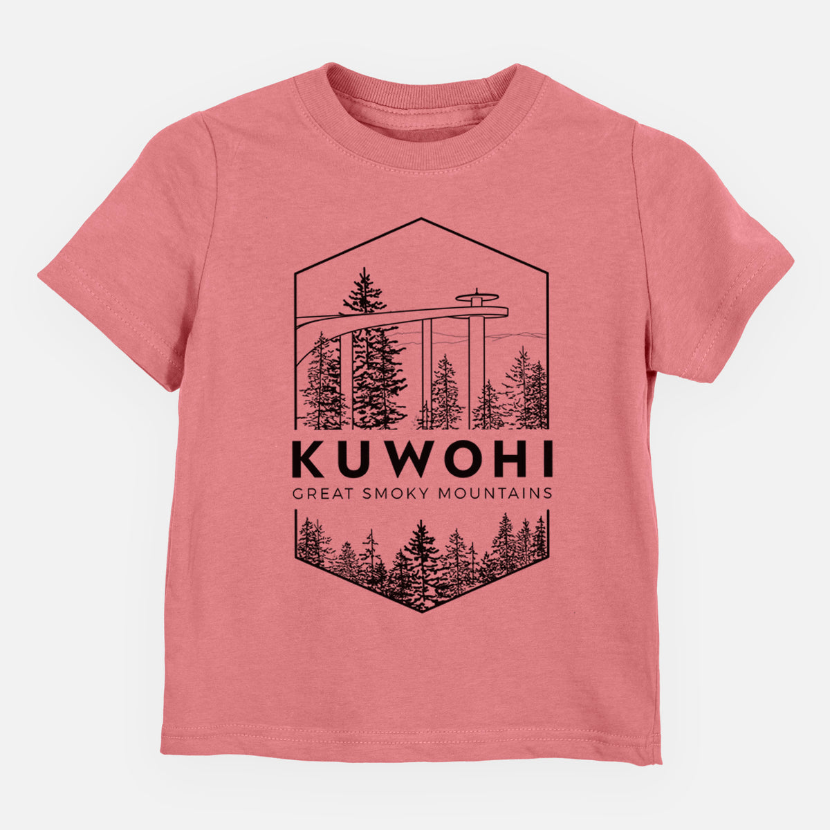 Mauve pink toddler t-shirt laid flat, printed with a black line art badge of the Kuwohi observation tower above pine trees, with the words Kuwohi, Great Smoky Mountains.