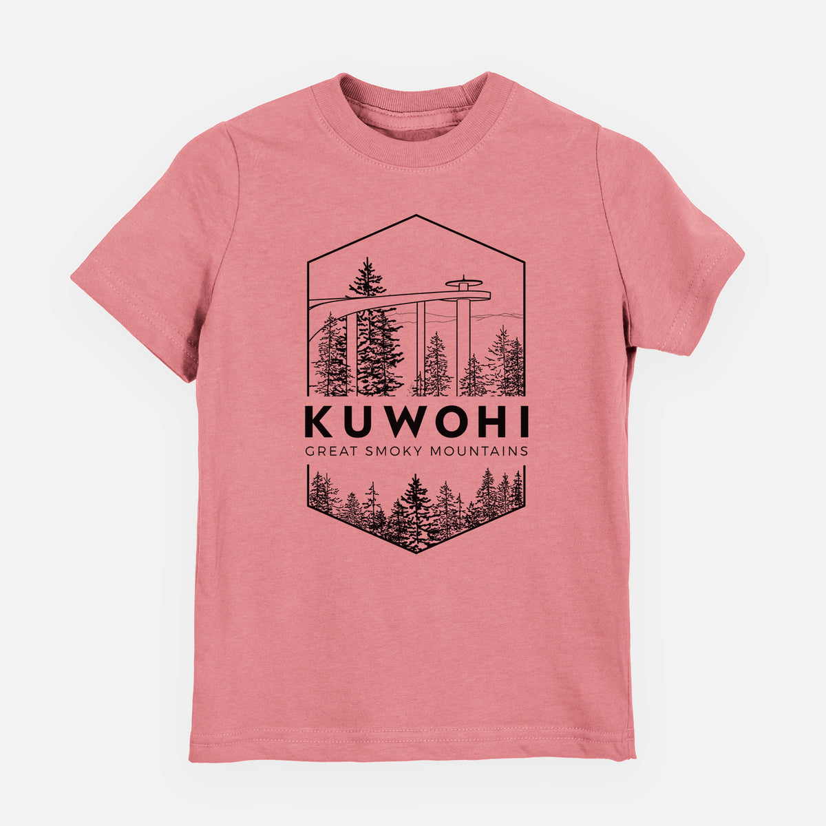 Mauve pink youth t-shirt laid flat, printed with a black line art badge of the Kuwohi observation tower above pine trees, with the words Kuwohi, Great Smoky Mountains.