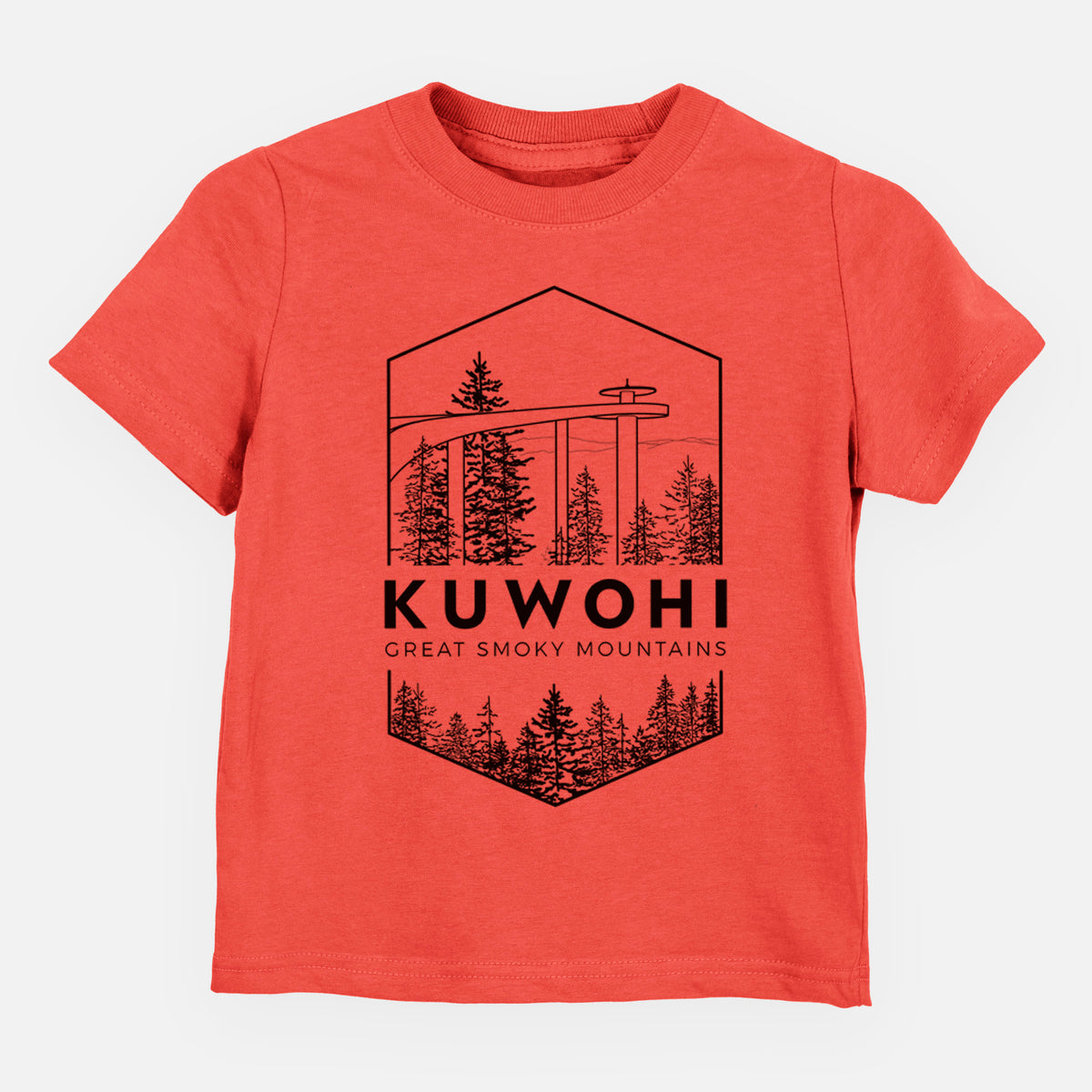 Passionfruit pink toddler t-shirt laid flat, printed with a black line art badge of the Kuwohi observation tower above pine trees, with the words Kuwohi, Great Smoky Mountains.