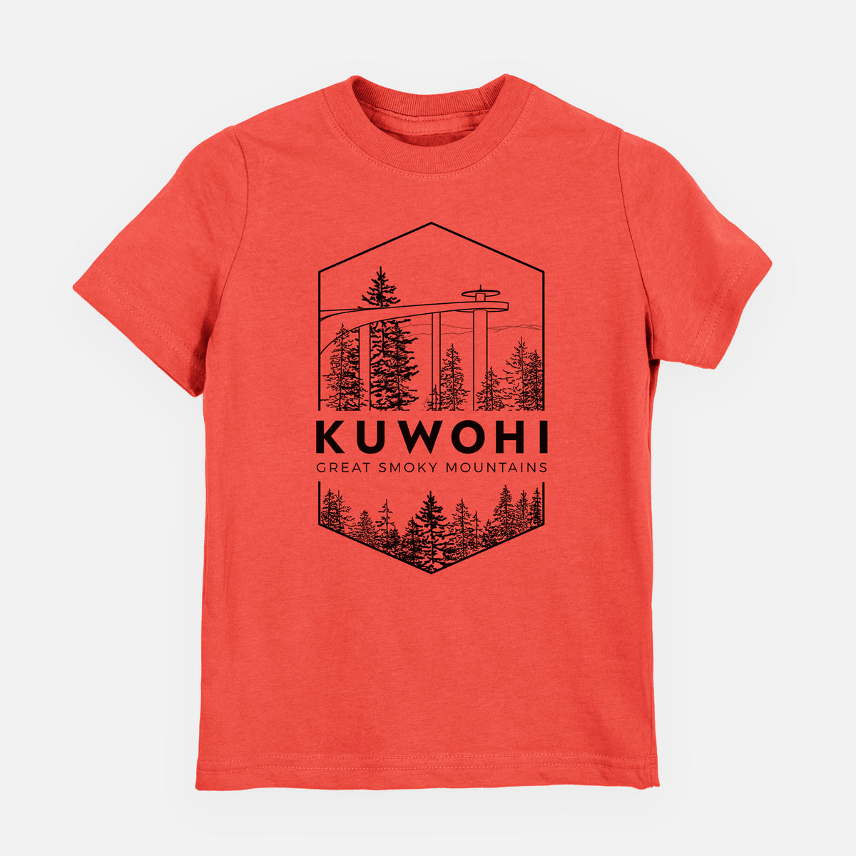 Passionfruit pink youth t-shirt laid flat, printed with a black line art badge of the Kuwohi observation tower above pine trees, with the words Kuwohi, Great Smoky Mountains.