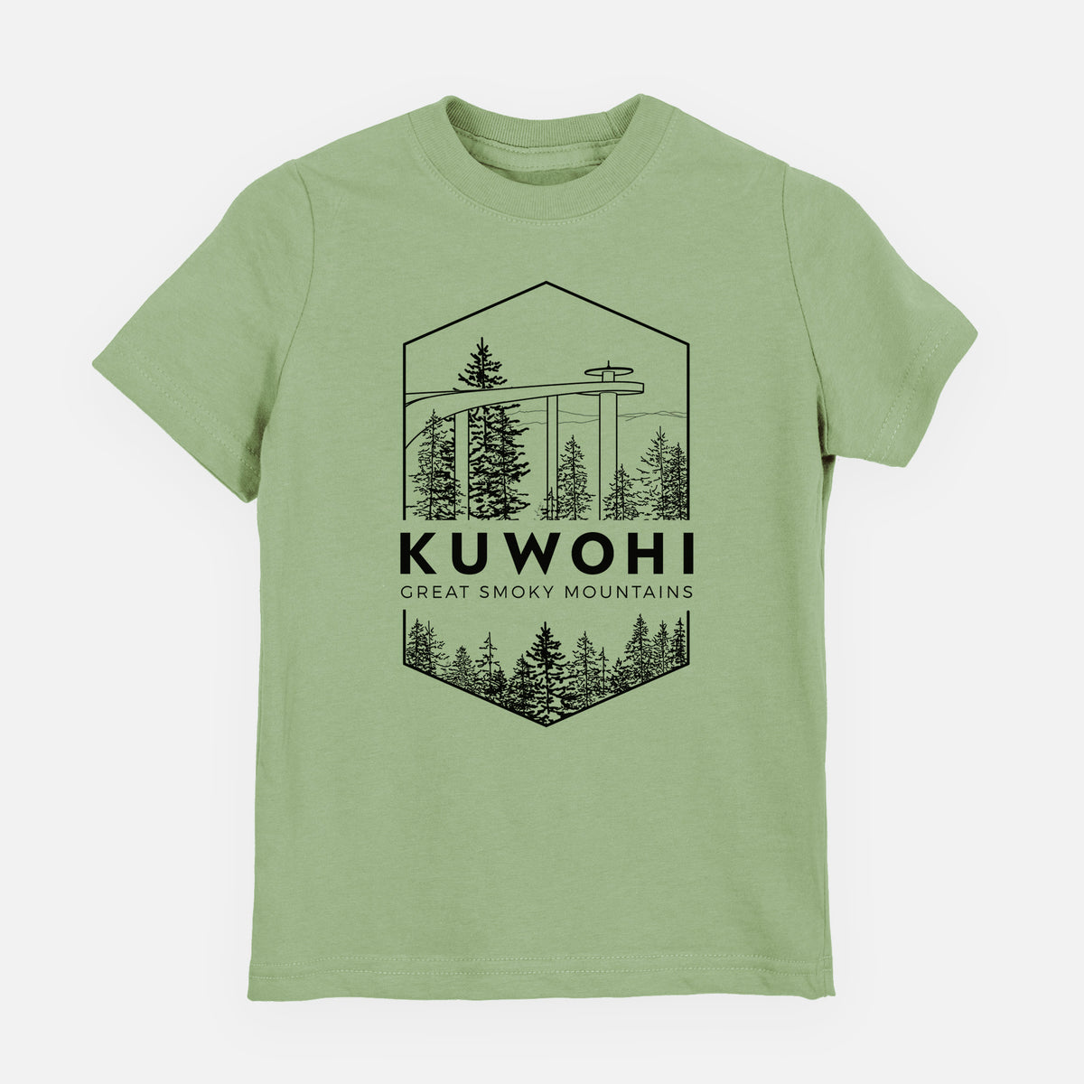 Sage green youth t-shirt laid flat, printed with a black line art badge of the Kuwohi observation tower above pine trees, with the words Kuwohi, Great Smoky Mountains.