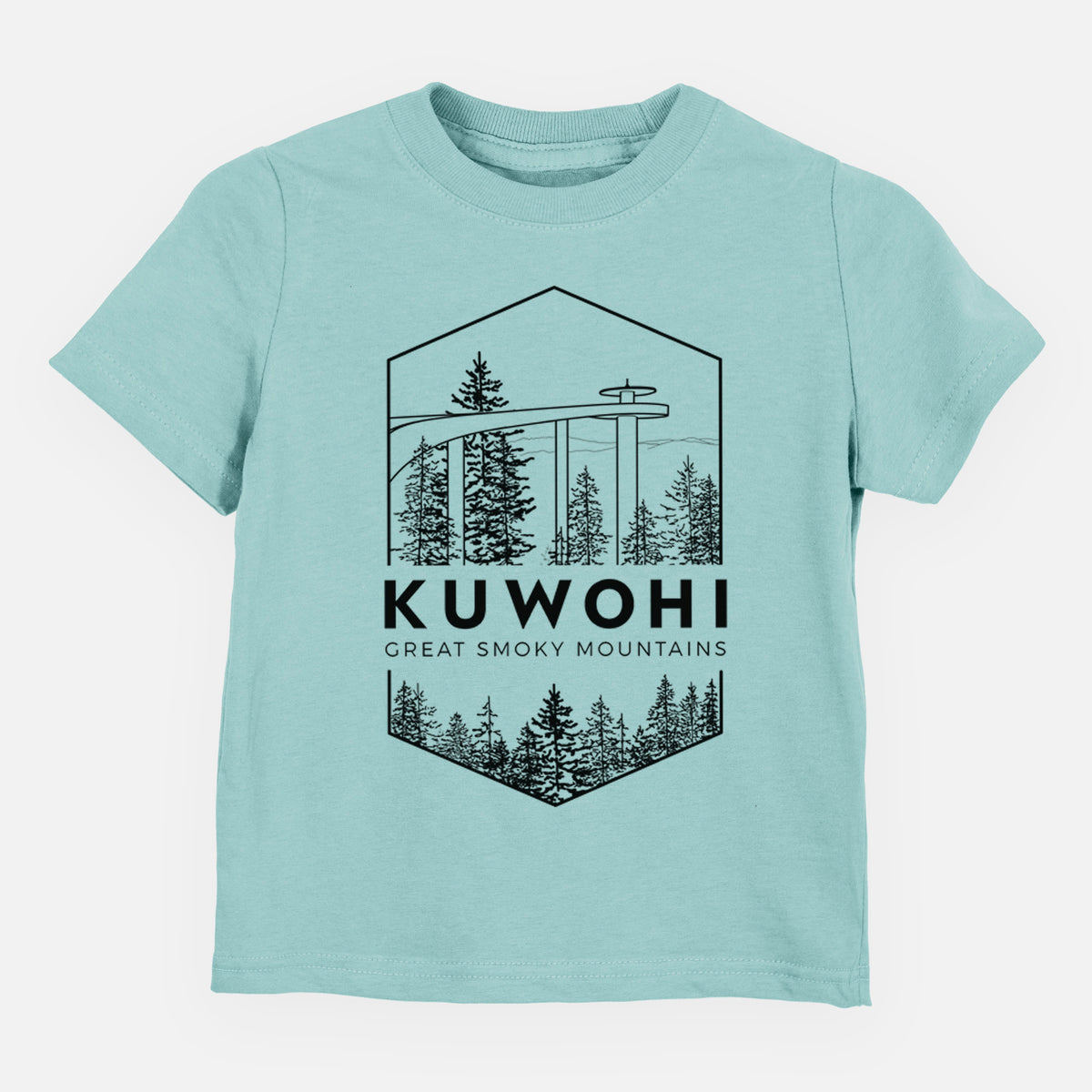 Saltwater toddler t-shirt laid flat, printed with a black line art badge of the Kuwohi observation tower above pine trees, with the words Kuwohi, Great Smoky Mountains.