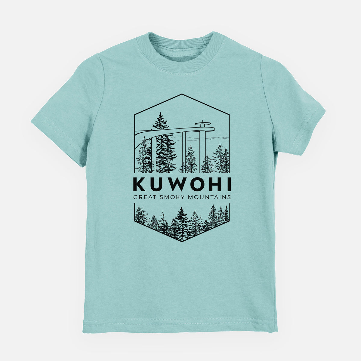 Saltwater youth t-shirt laid flat, printed with a black line art badge of the Kuwohi observation tower above pine trees, with the words Kuwohi, Great Smoky Mountains.