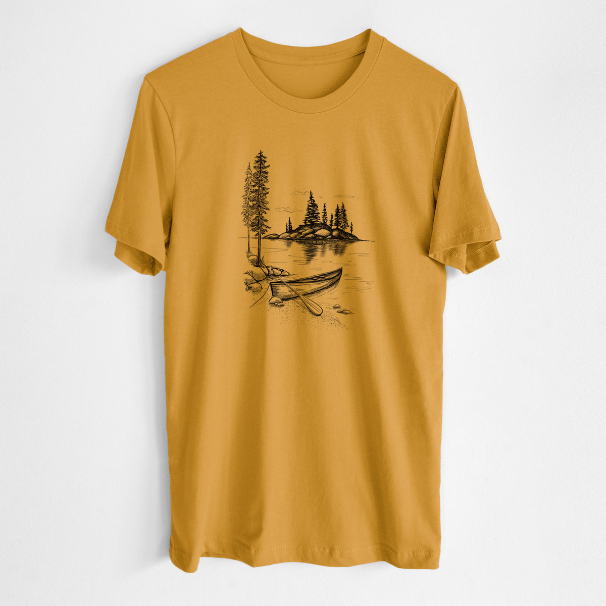 Honeycomb yellow lightweight cotton t-shirt laid flat, printed with a black ink illustration of a canoe resting on the shore of a lake with pine trees on a small island.