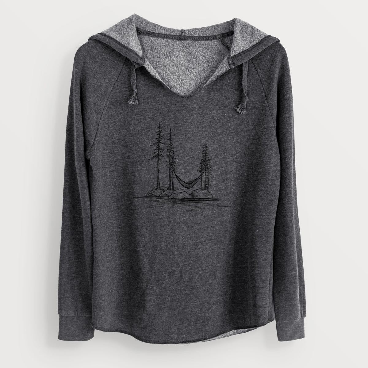 Charcoal grey women's Cali Wave hooded sweatshirt laid flat, printed with a black ink illustration of a hammock strung between pine trees on a small lakeside island.
