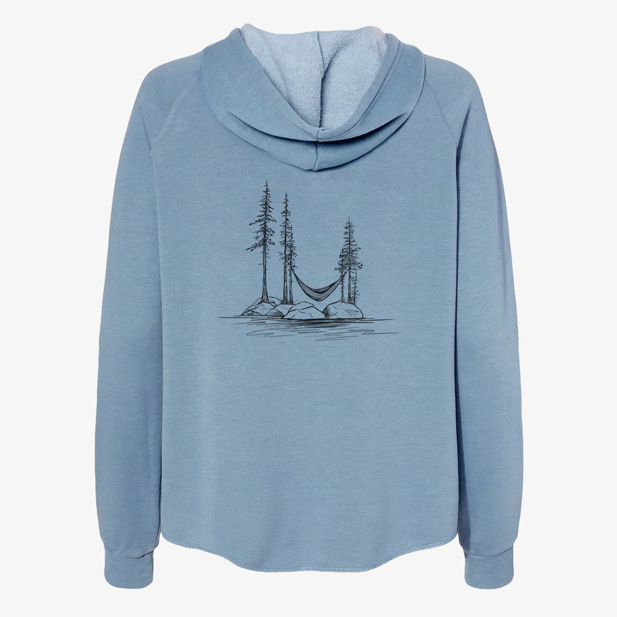 Misty blue women's Cali Wave zip-up sweatshirt laid flat, printed with a black ink illustration of a hammock strung between pine trees on a small lakeside island.