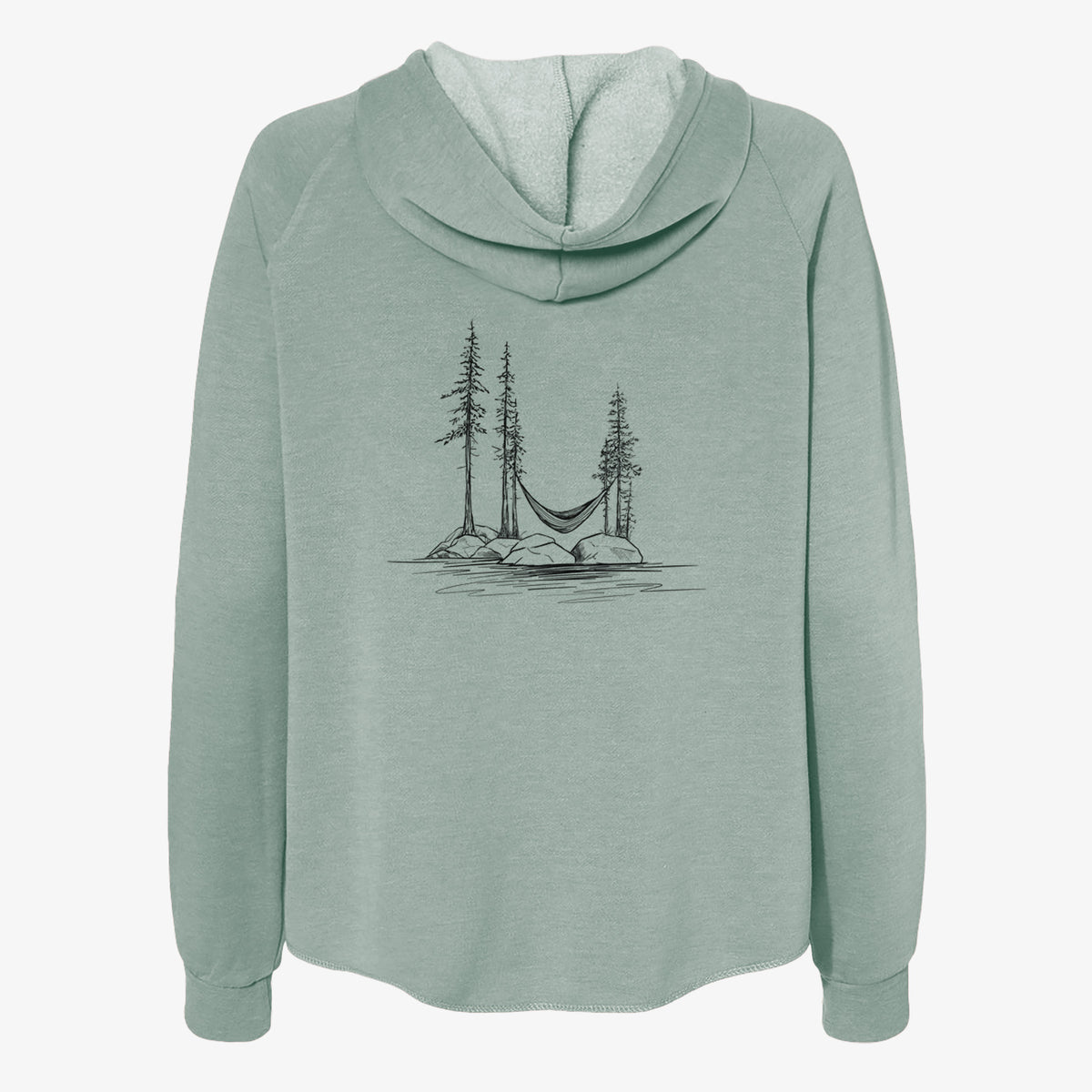 Sage green women's Cali Wave zip-up sweatshirt laid flat, printed with a black ink illustration of a hammock strung between pine trees on a small lakeside island.