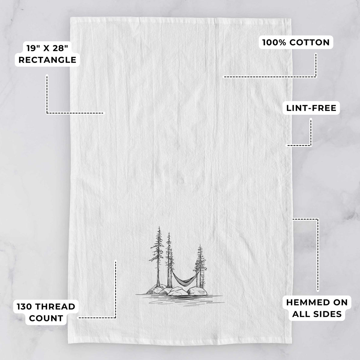 White tea towel printed with a black ink illustration of a hammock strung between pine trees on a small lakeside island, with feature labels: 19 by 28 inch rectangle, 100% cotton, lint-free, 130 thread count, hemmed on all sides.