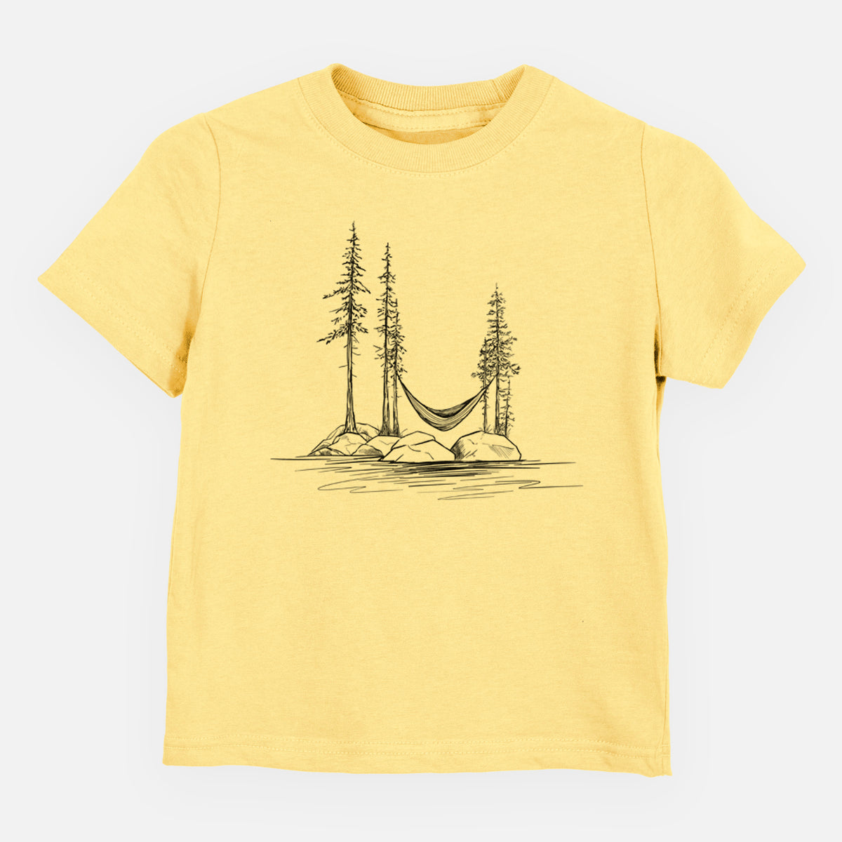 Butter yellow toddler t-shirt laid flat, printed with a black ink illustration of a hammock strung between pine trees on a small lakeside island.