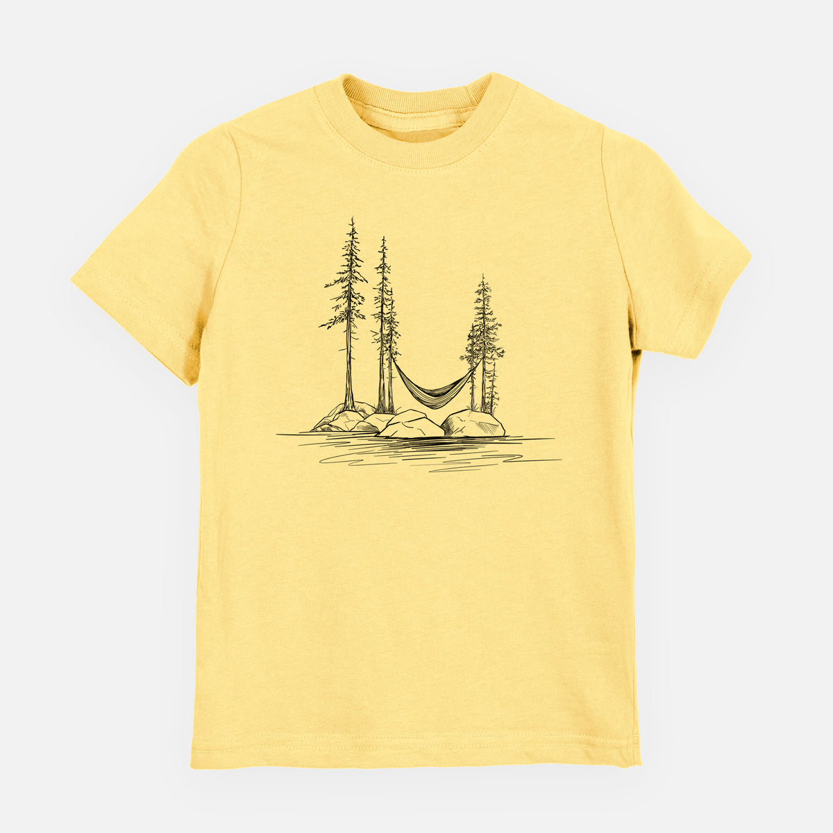 Butter yellow youth t-shirt laid flat, printed with a black ink illustration of a hammock strung between pine trees on a small lakeside island.