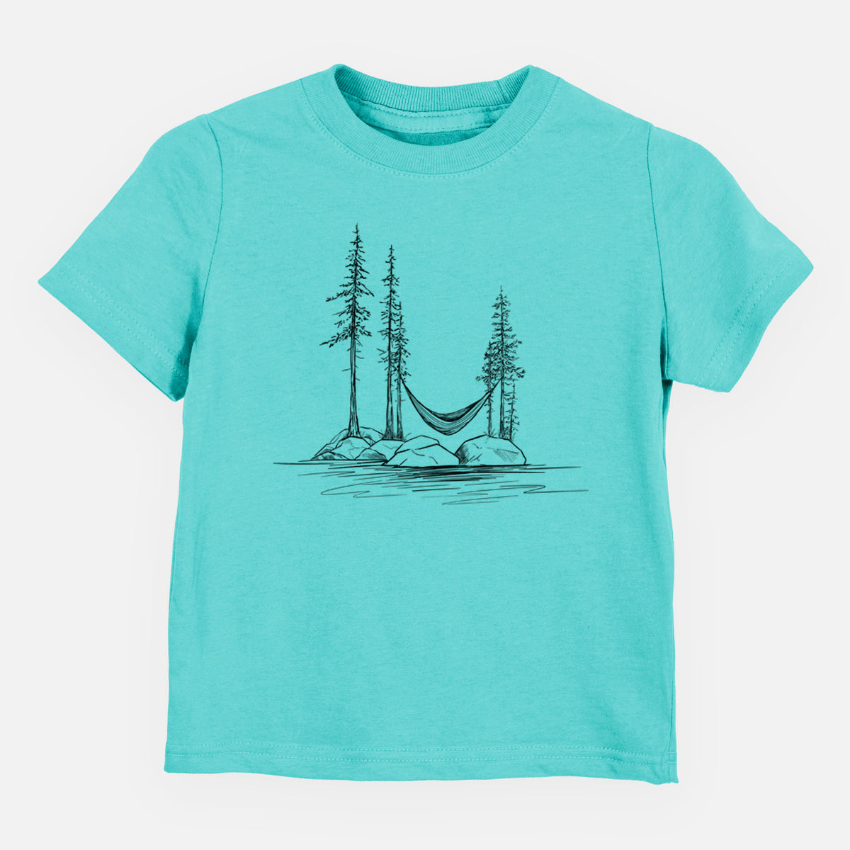 Caribbean blue toddler t-shirt laid flat, printed with a black ink illustration of a hammock strung between pine trees on a small lakeside island.