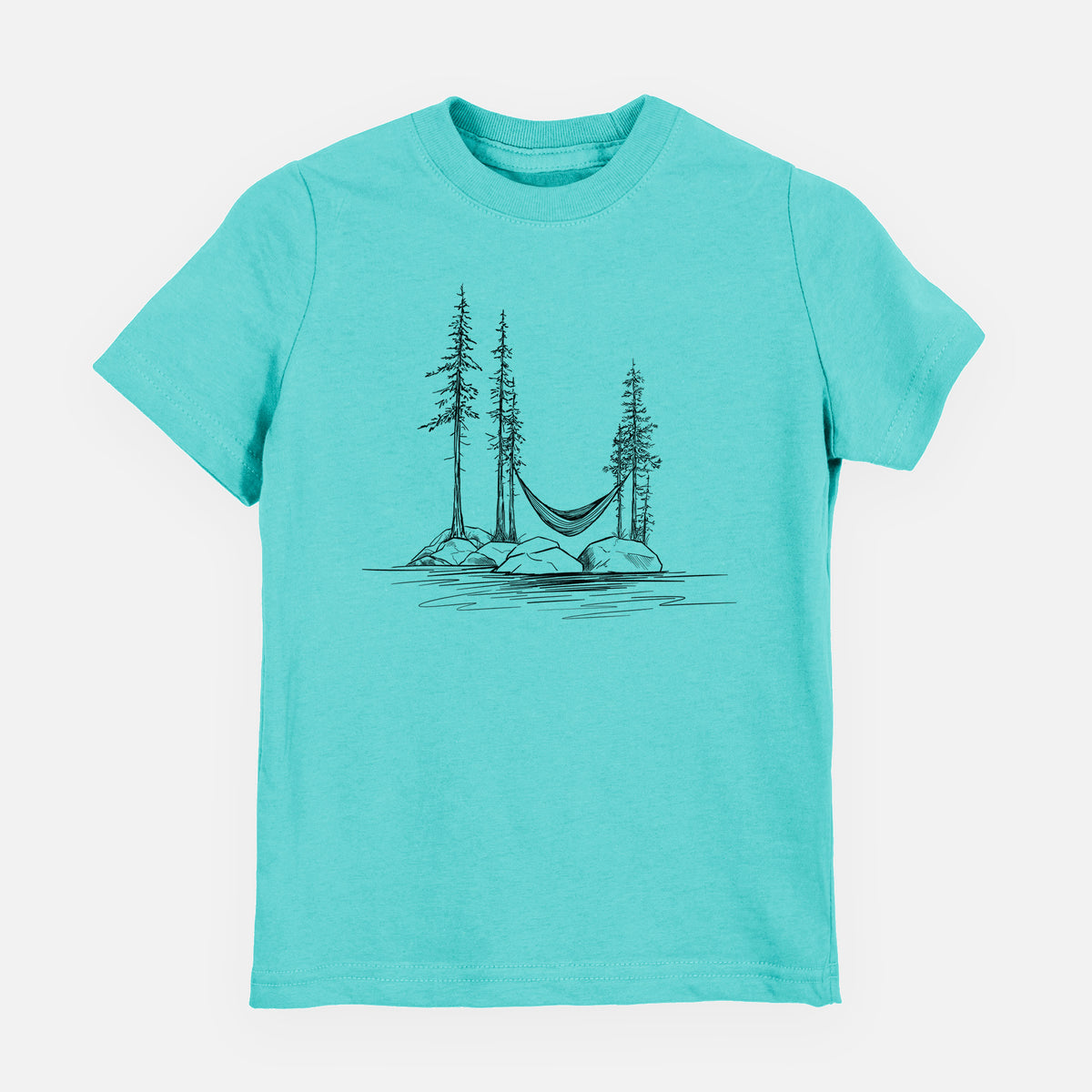 Caribbean blue youth t-shirt laid flat, printed with a black ink illustration of a hammock strung between pine trees on a small lakeside island.