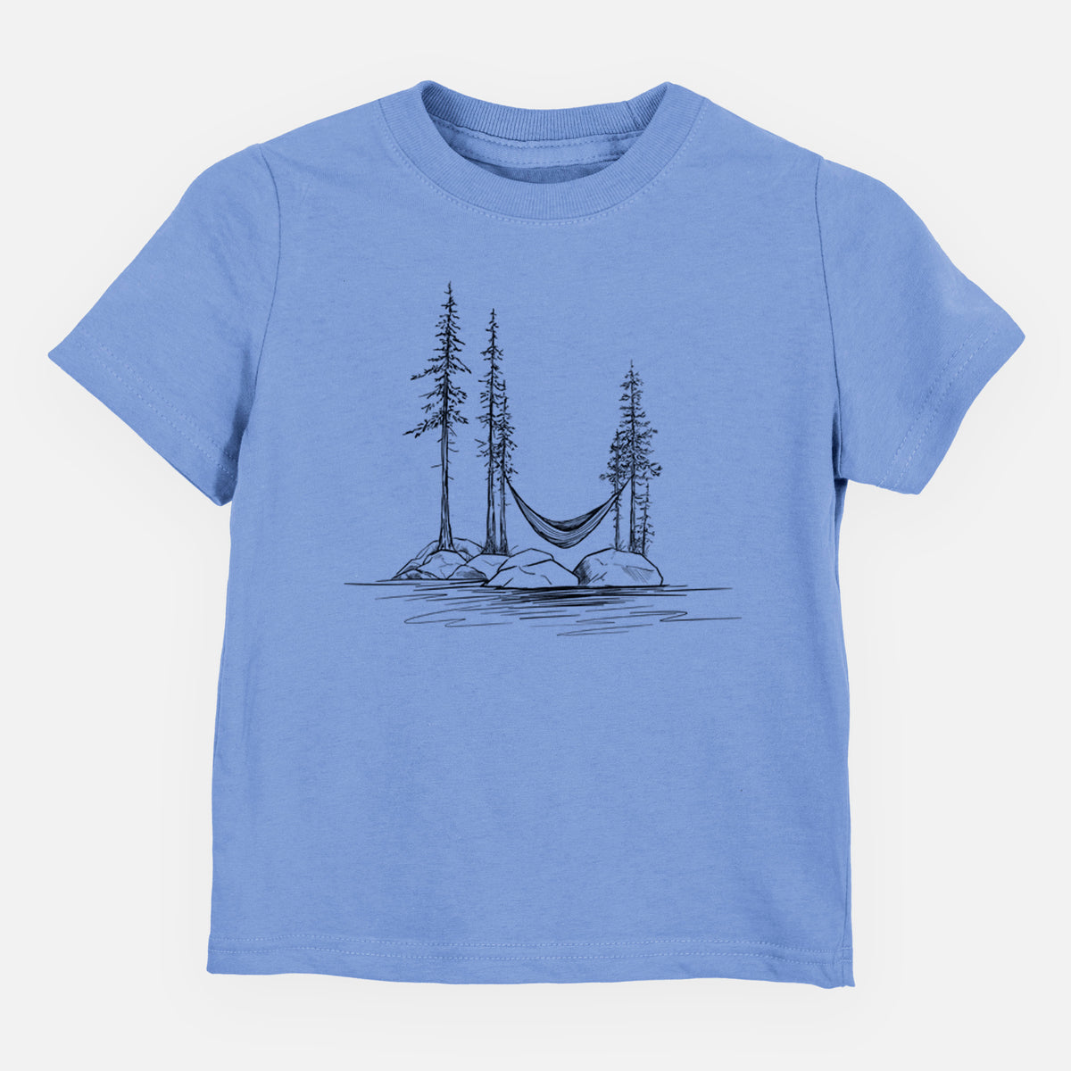 Carolina blue toddler t-shirt laid flat, printed with a black ink illustration of a hammock strung between pine trees on a small lakeside island.