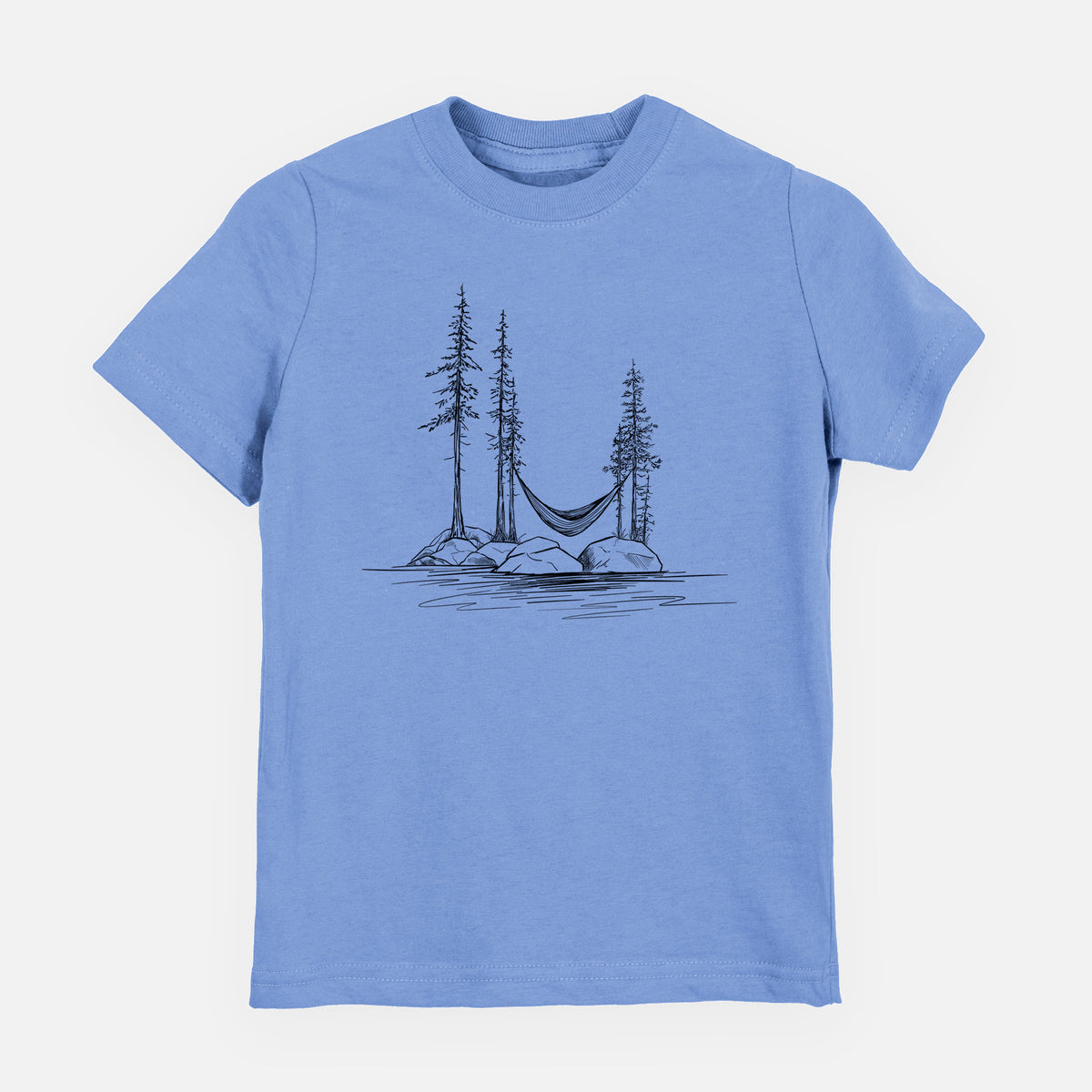 Carolina blue youth t-shirt laid flat, printed with a black ink illustration of a hammock strung between pine trees on a small lakeside island.