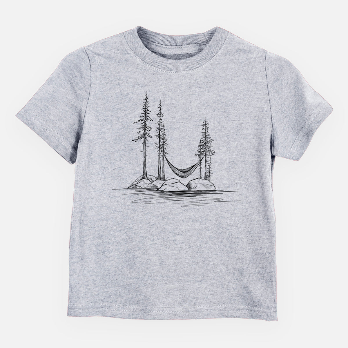 Heather grey toddler t-shirt laid flat, printed with a black ink illustration of a hammock strung between pine trees on a small lakeside island.