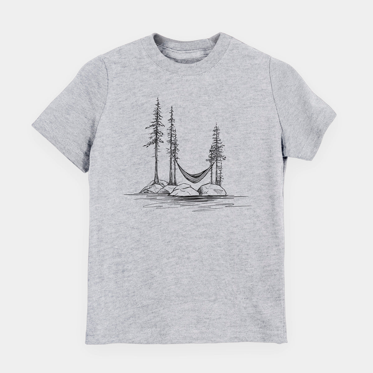 Heather grey youth t-shirt laid flat, printed with a black ink illustration of a hammock strung between pine trees on a small lakeside island.