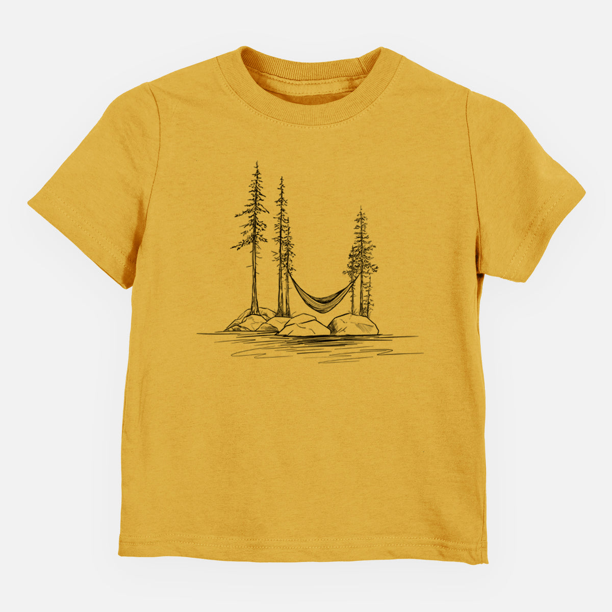 Honeycomb yellow toddler t-shirt laid flat, printed with a black ink illustration of a hammock strung between pine trees on a small lakeside island.