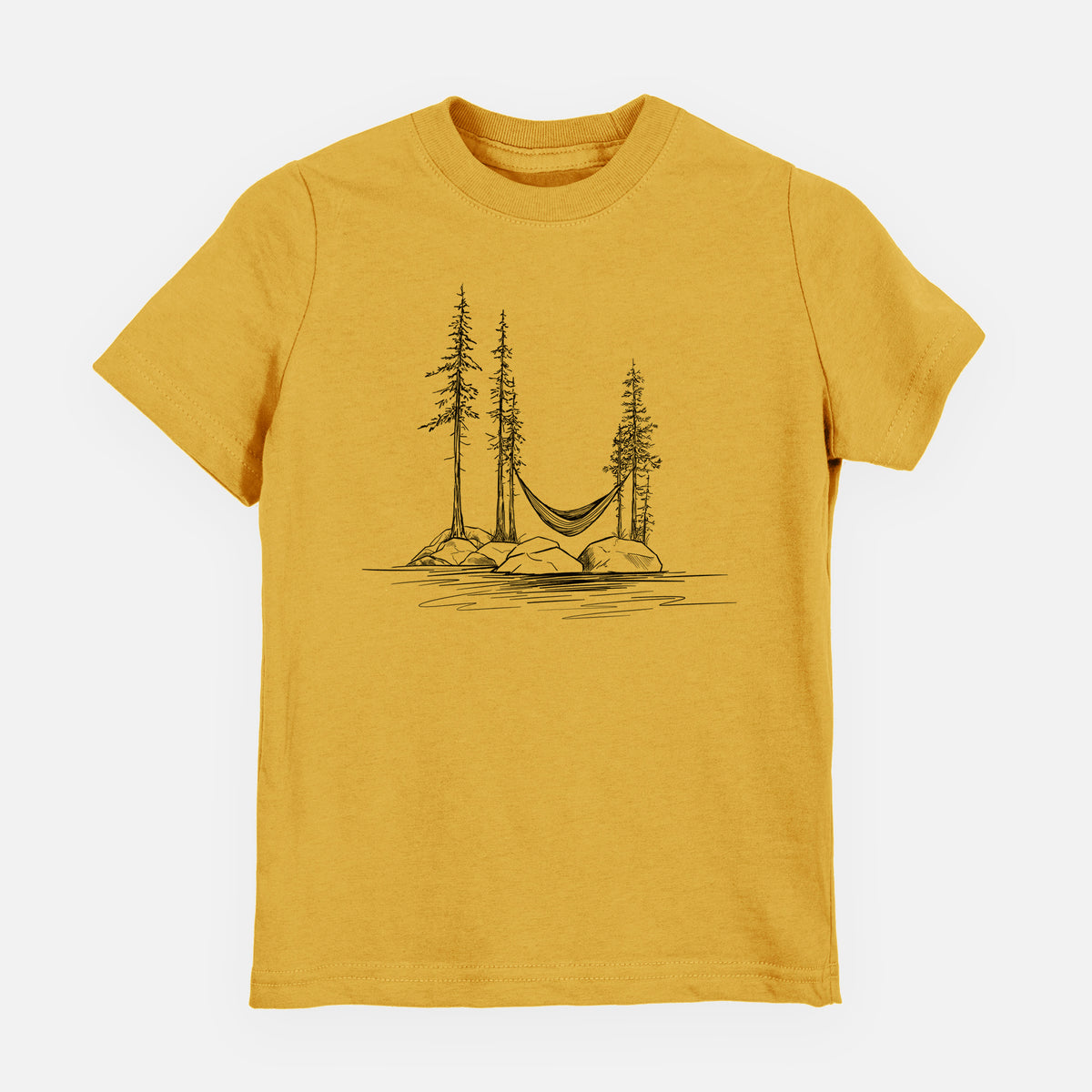 Honeycomb yellow youth t-shirt laid flat, printed with a black ink illustration of a hammock strung between pine trees on a small lakeside island.