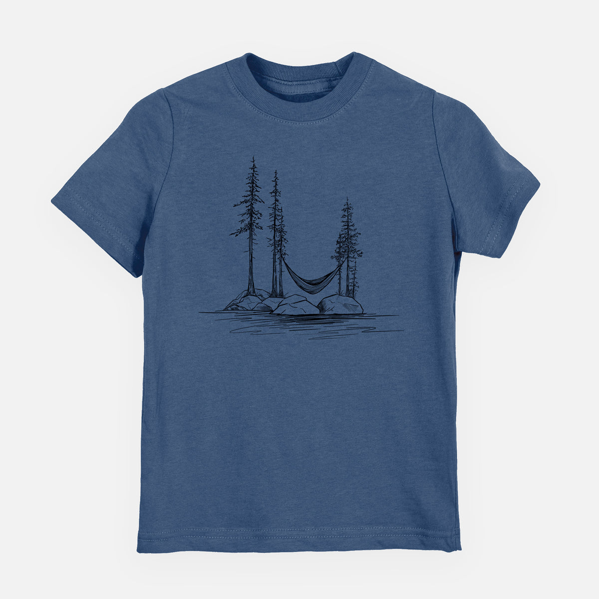 Indigo blue youth t-shirt laid flat, printed with a black ink illustration of a hammock strung between pine trees on a small lakeside island.