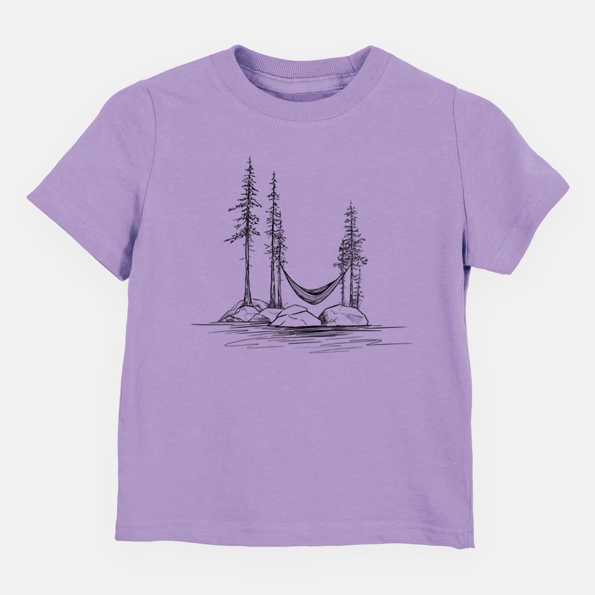 Lavender toddler t-shirt laid flat, printed with a black ink illustration of a hammock strung between pine trees on a small lakeside island.