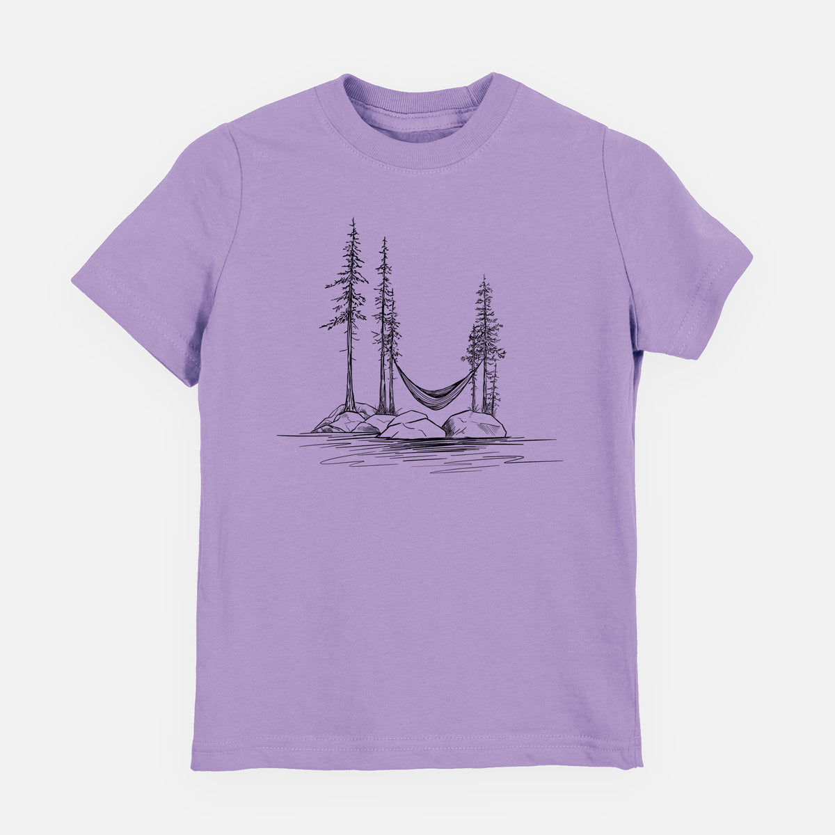 Lavender youth t-shirt laid flat, printed with a black ink illustration of a hammock strung between pine trees on a small lakeside island.