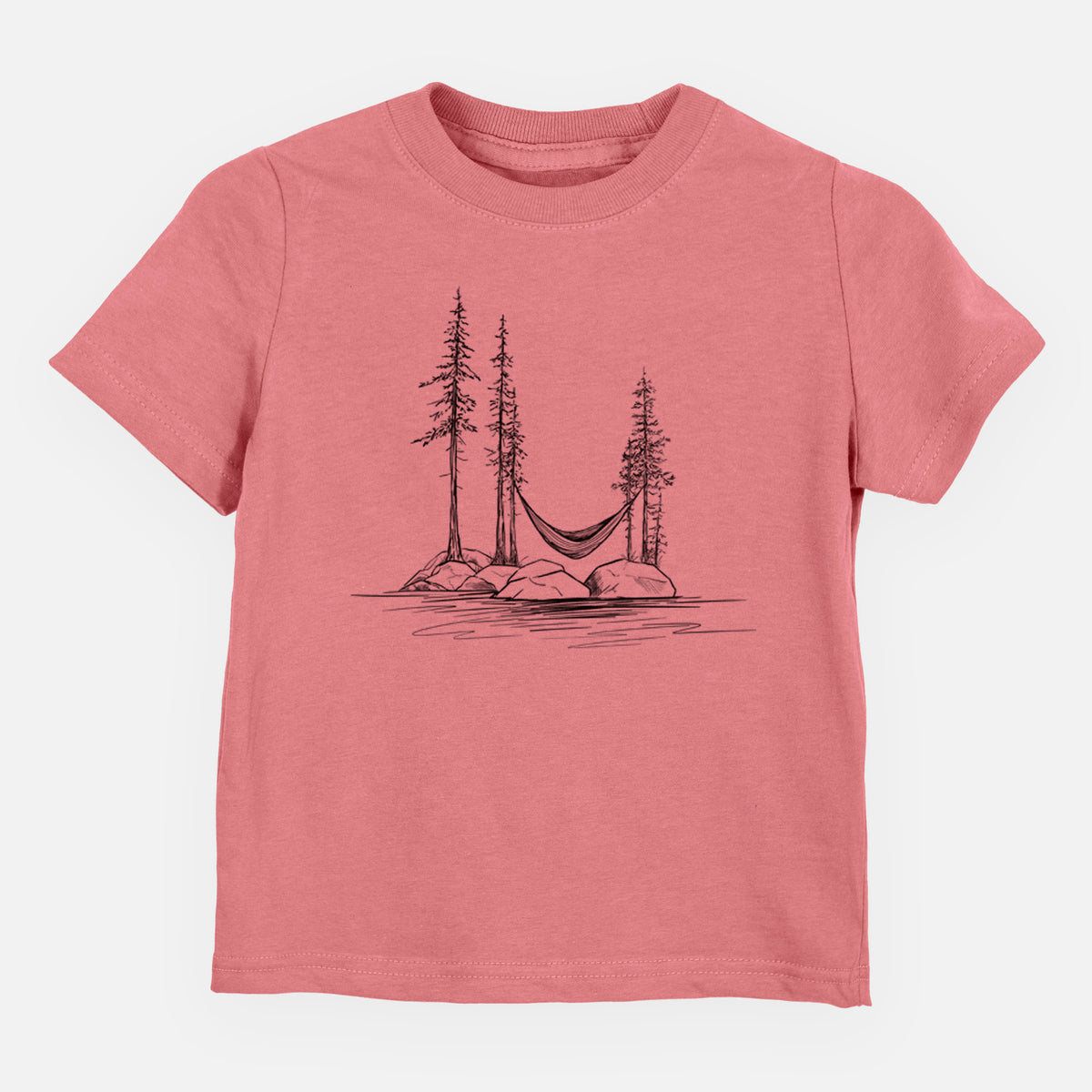 Mauve pink toddler t-shirt laid flat, printed with a black ink illustration of a hammock strung between pine trees on a small lakeside island.