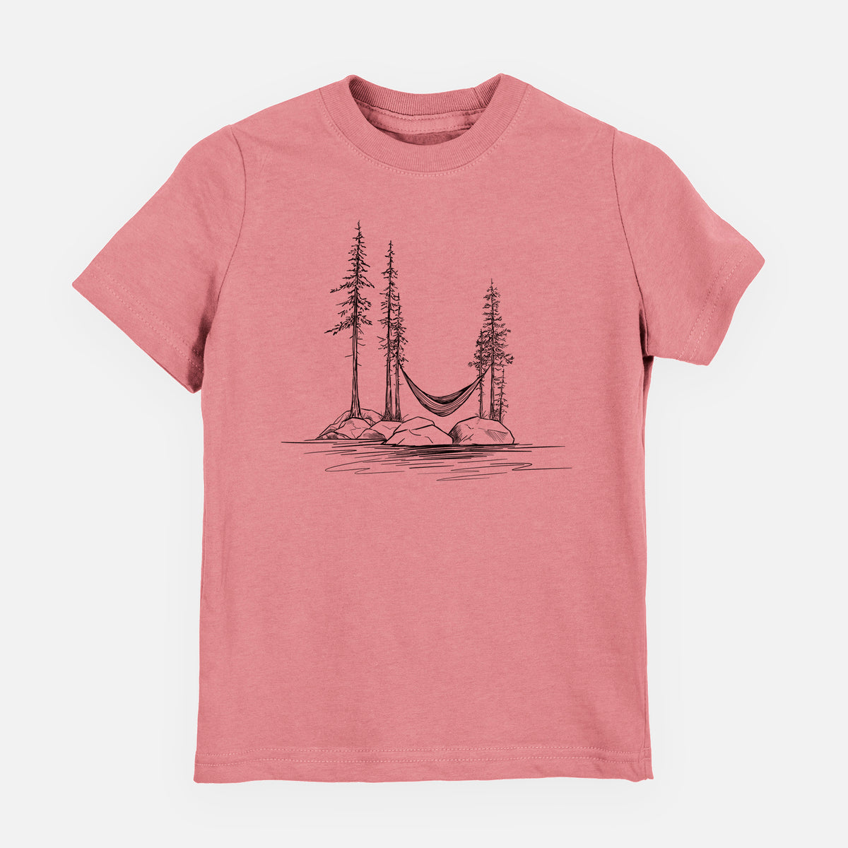 Mauve pink youth t-shirt laid flat, printed with a black ink illustration of a hammock strung between pine trees on a small lakeside island.