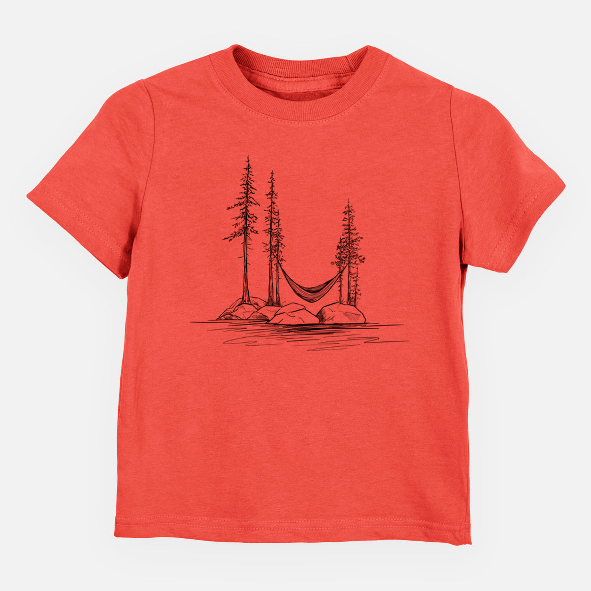 Passionfruit pink toddler t-shirt laid flat, printed with a black ink illustration of a hammock strung between pine trees on a small lakeside island.
