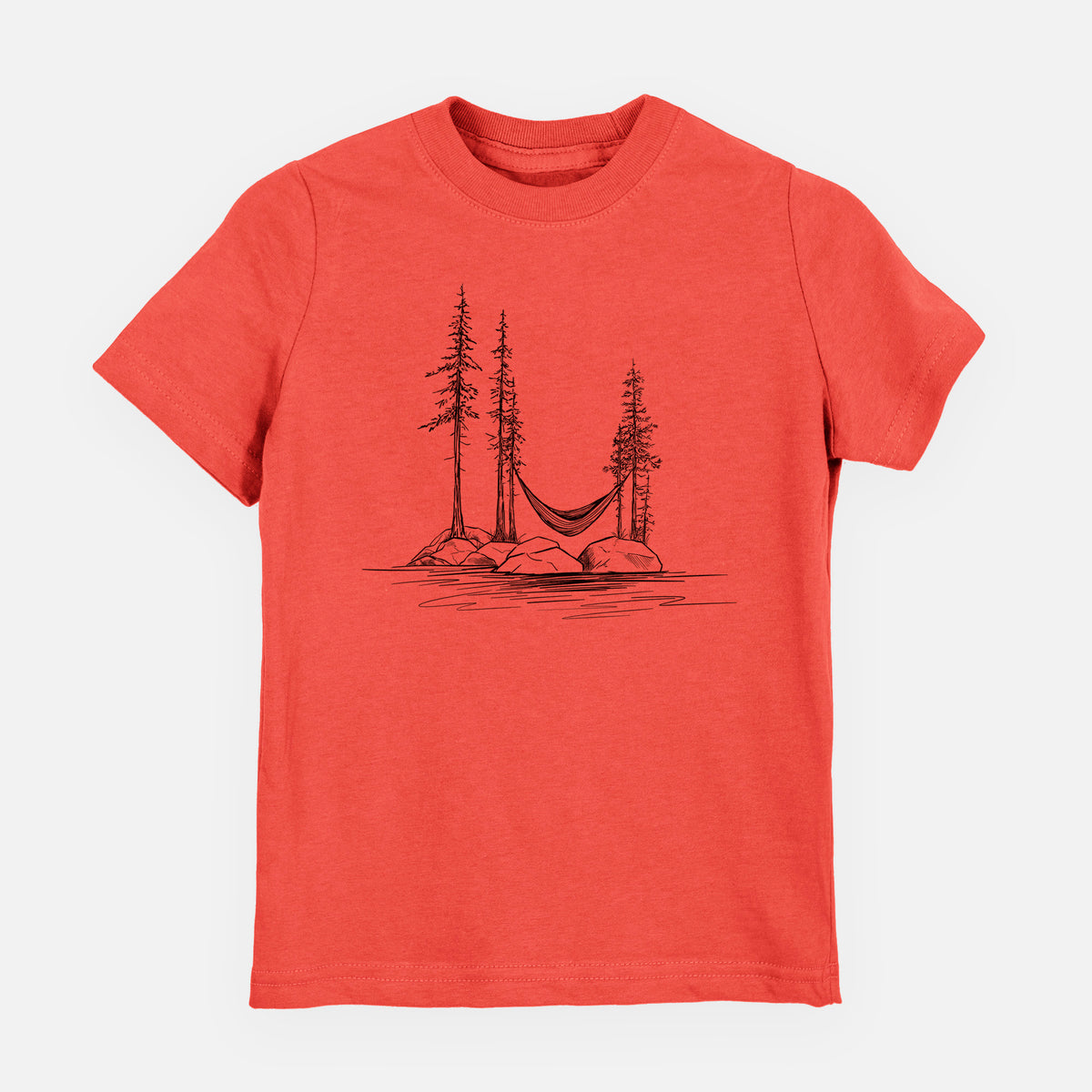 Passionfruit pink youth t-shirt laid flat, printed with a black ink illustration of a hammock strung between pine trees on a small lakeside island.