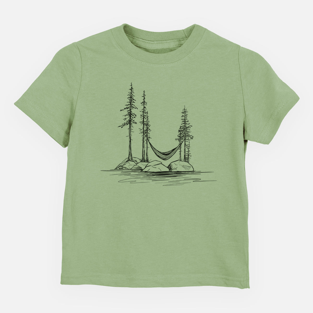 Sage green toddler t-shirt laid flat, printed with a black ink illustration of a hammock strung between pine trees on a small lakeside island.