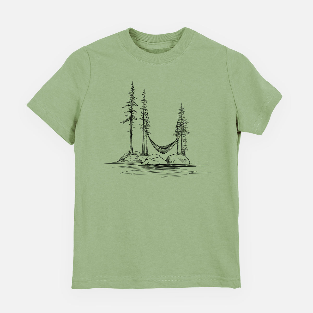 Sage green youth t-shirt laid flat, printed with a black ink illustration of a hammock strung between pine trees on a small lakeside island.