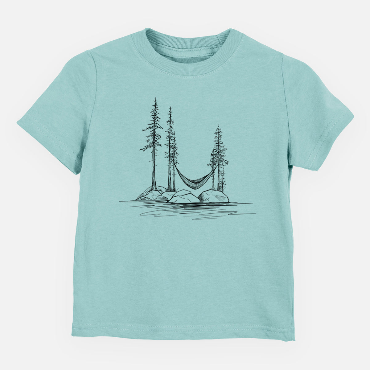 Saltwater toddler t-shirt laid flat, printed with a black ink illustration of a hammock strung between pine trees on a small lakeside island.