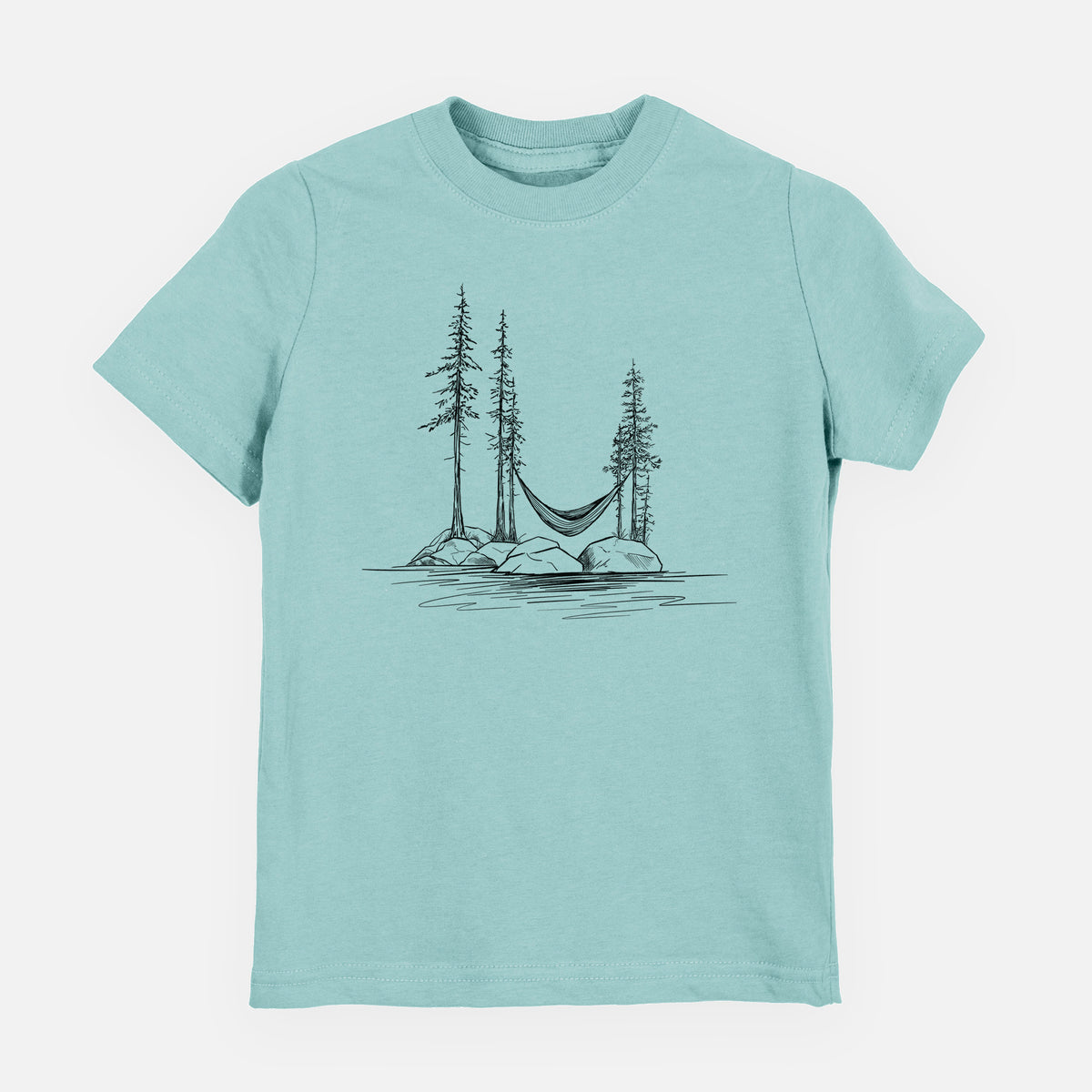 Saltwater youth t-shirt laid flat, printed with a black ink illustration of a hammock strung between pine trees on a small lakeside island.