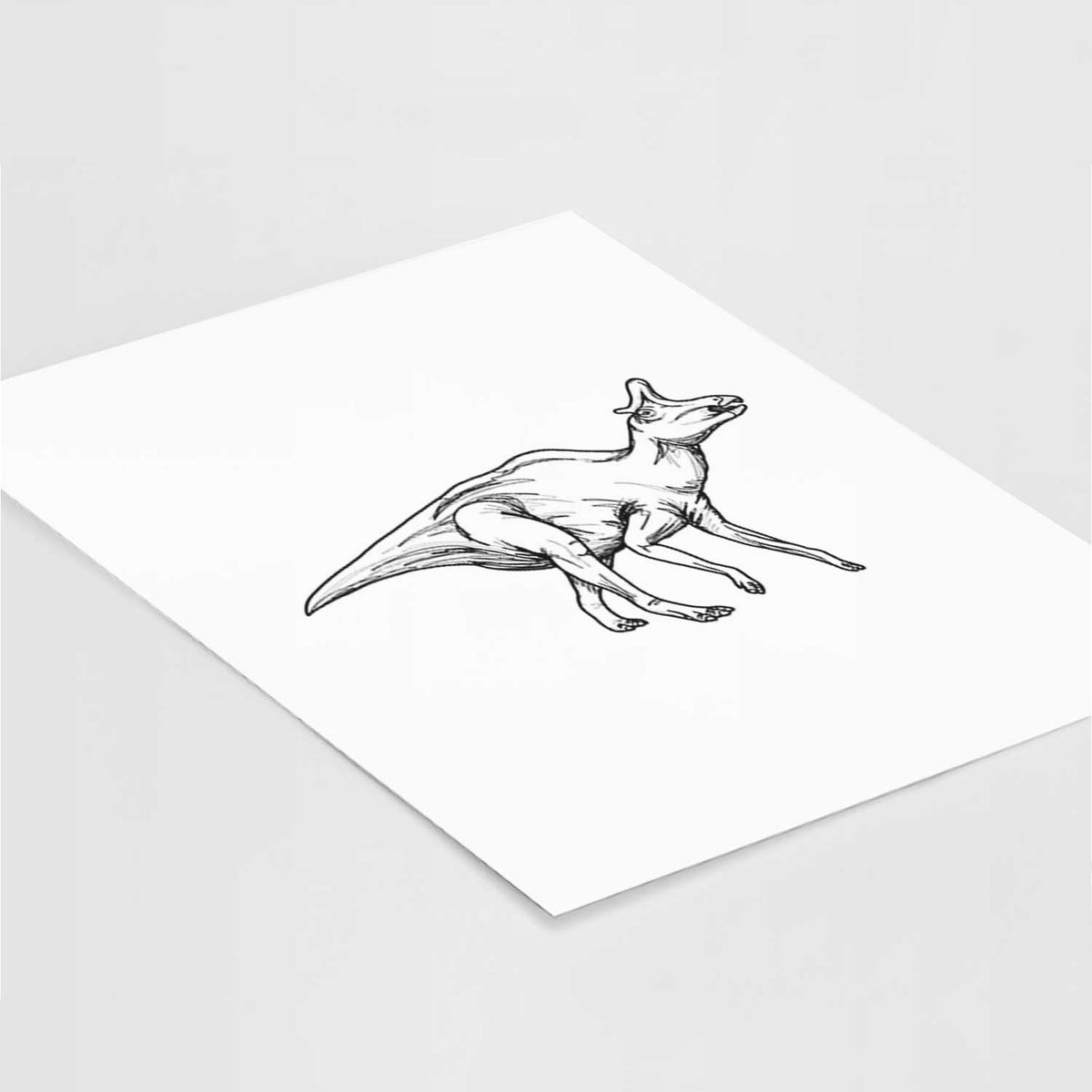 Art print of a black ink illustration of a crested Lambeosaurus walking, lying at an angle on a white surface.
