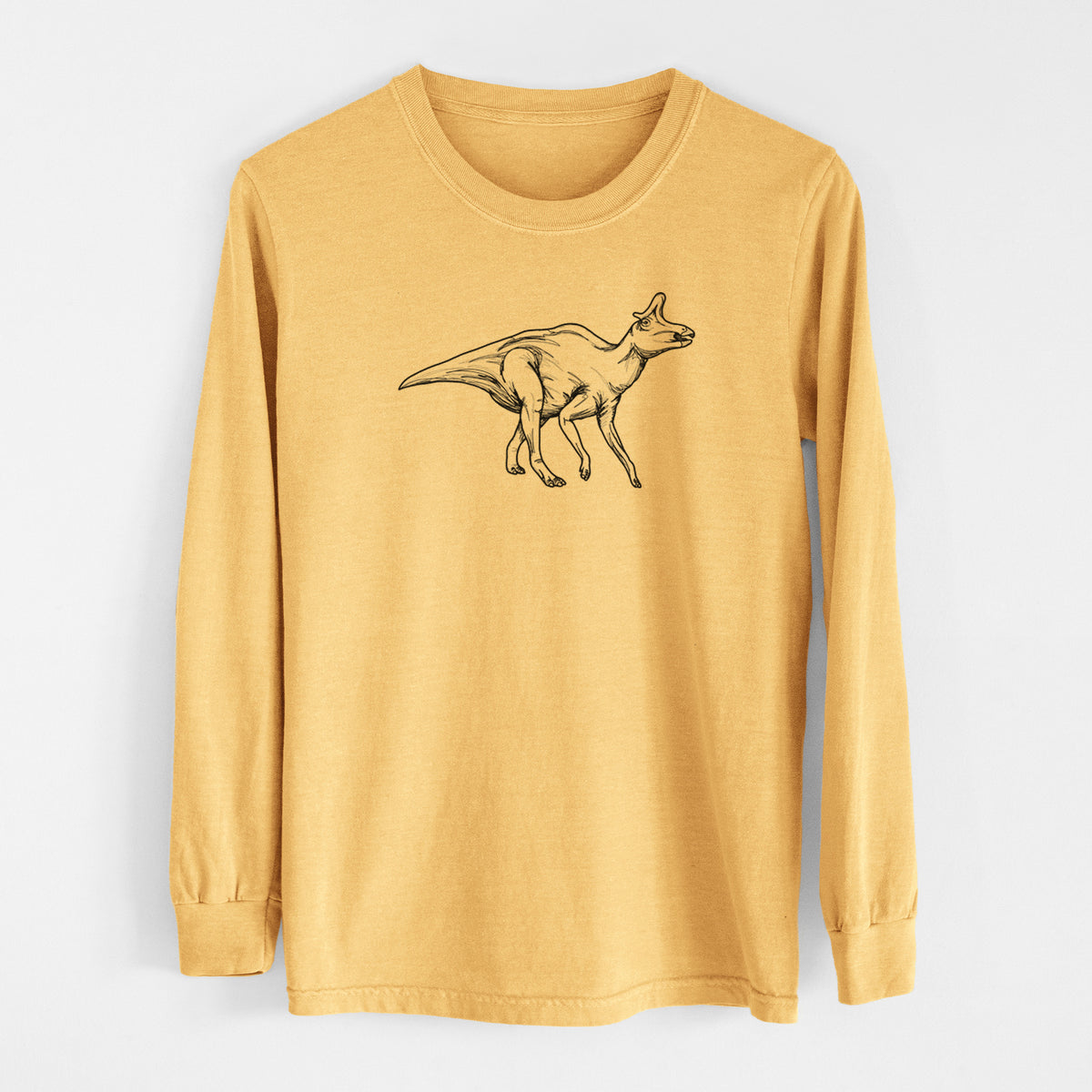 Golden wheat yellow Comfort Colors long sleeve shirt laid flat, printed with a black ink illustration of a crested Lambeosaurus walking.