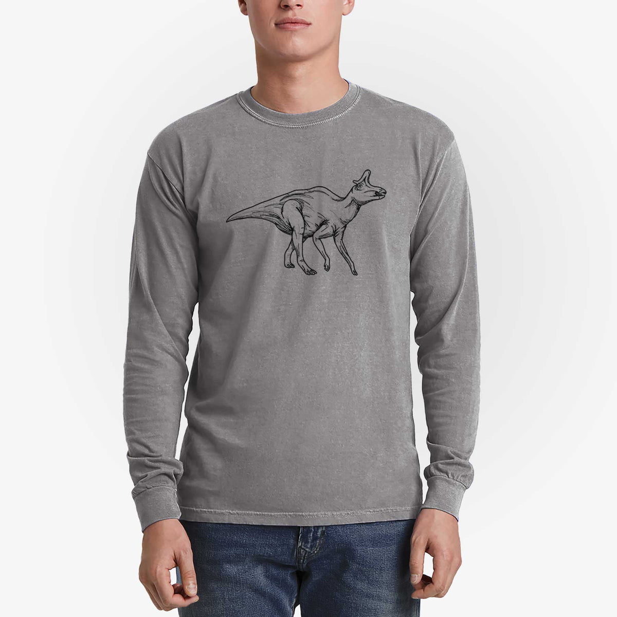 Man wearing a grey Comfort Colors long sleeve shirt printed with a black ink illustration of a crested Lambeosaurus walking.