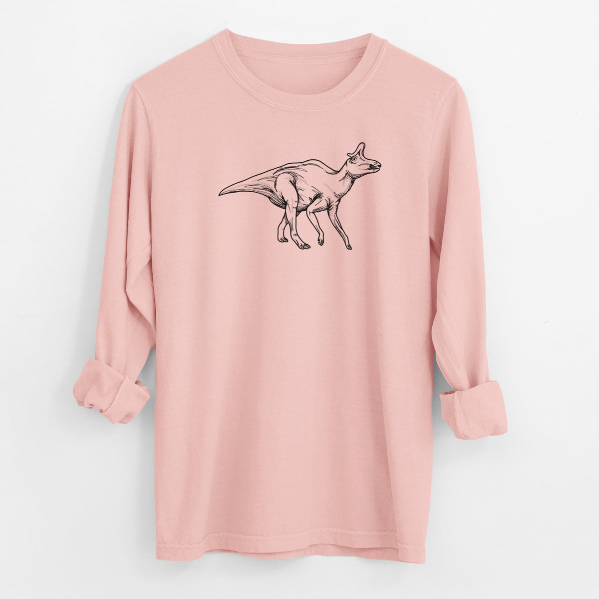 Peachy Comfort Colors long sleeve shirt laid flat with the cuffs rolled, printed with a black ink illustration of a crested Lambeosaurus walking.