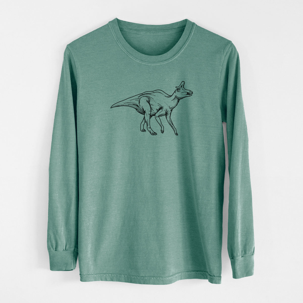 Pine green Comfort Colors long sleeve shirt laid flat, printed with a black ink illustration of a crested Lambeosaurus walking.