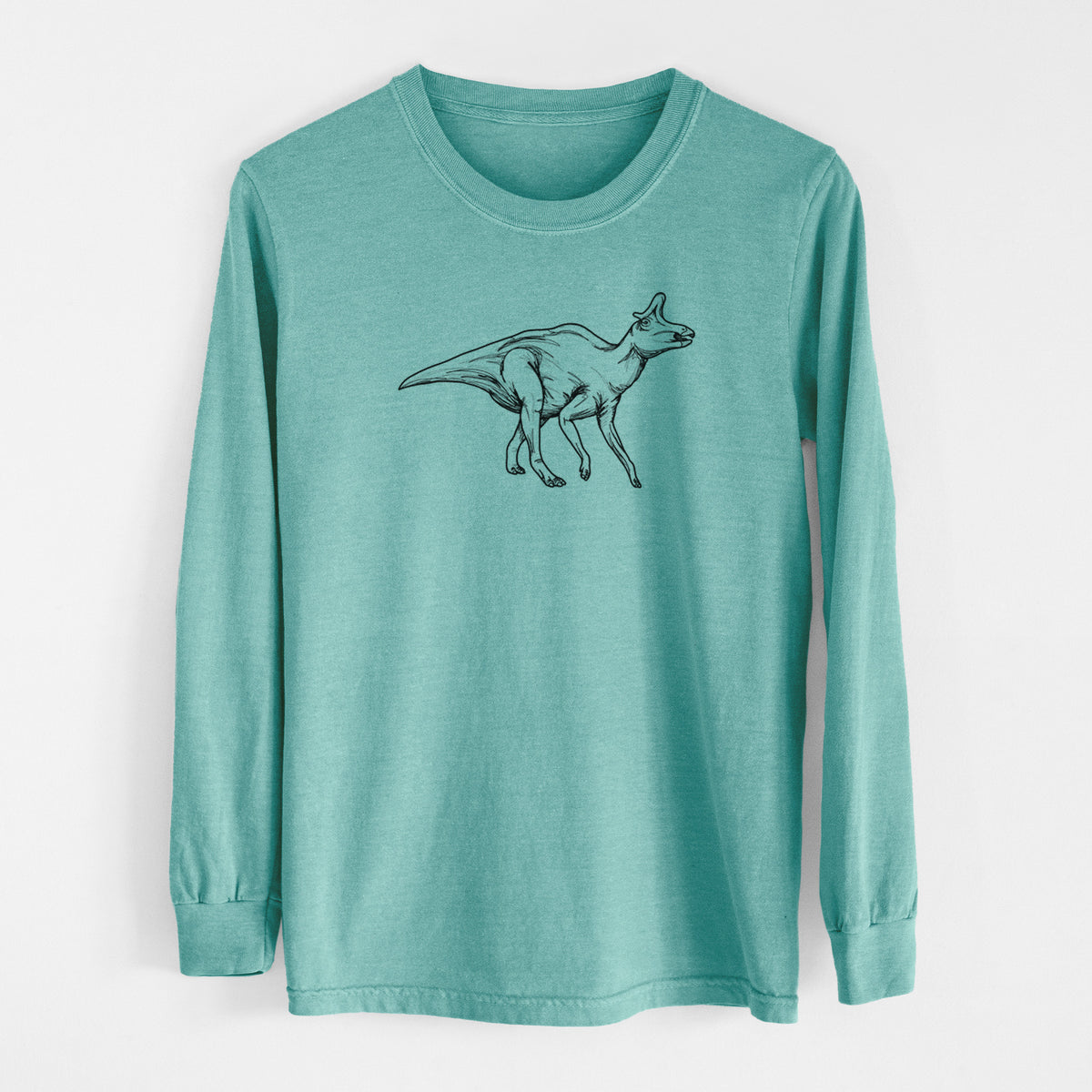 Reef green Comfort Colors long sleeve shirt laid flat, printed with a black ink illustration of a crested Lambeosaurus walking.