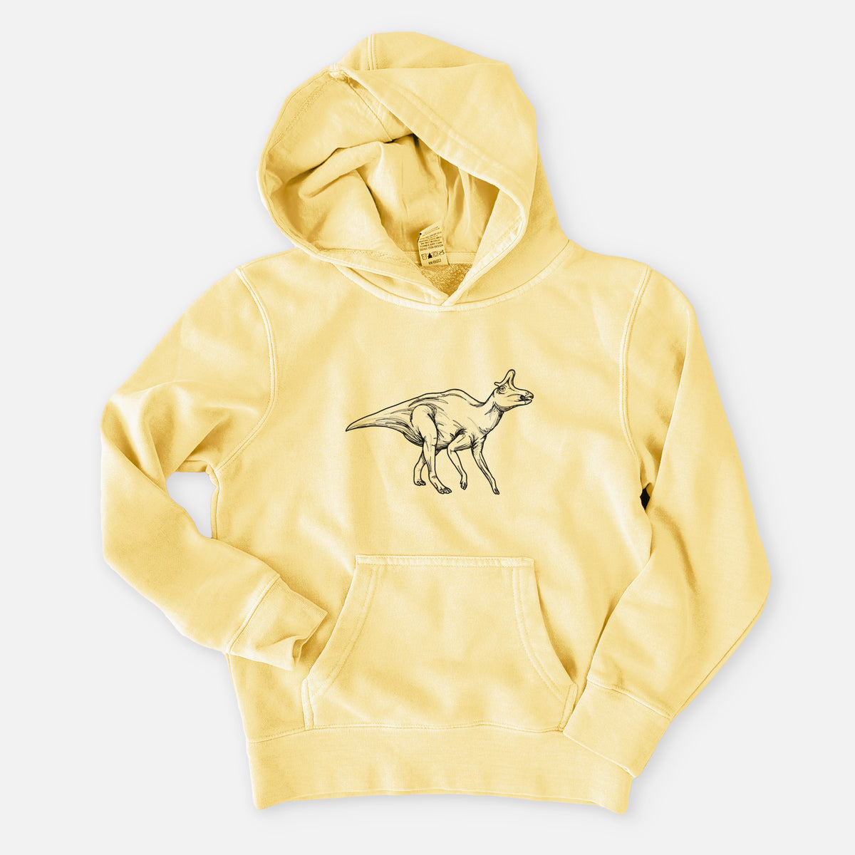 Pigment yellow youth pigment dyed hoodie laid flat, printed with a black ink illustration of a crested Lambeosaurus walking.