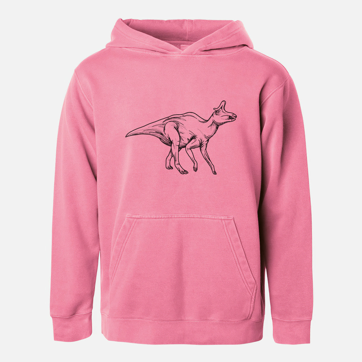 Pigment pink youth pigment dyed hoodie laid flat, printed with a black ink illustration of a crested Lambeosaurus walking.
